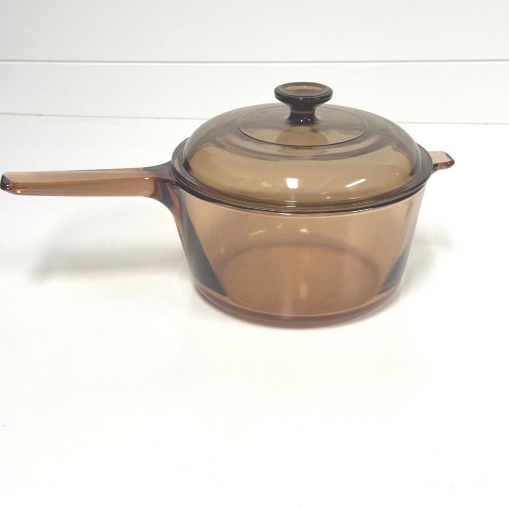 Vintage Vision Corning Amber Glass 2.5L Saucepan with Lid Made in USA
